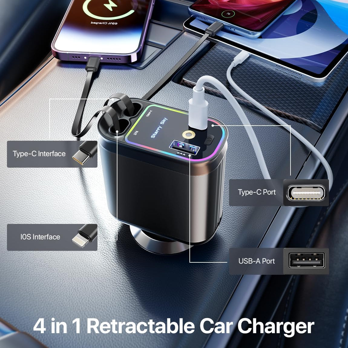 4 in 1 Retractable Car Charger With Starlight Roof Light