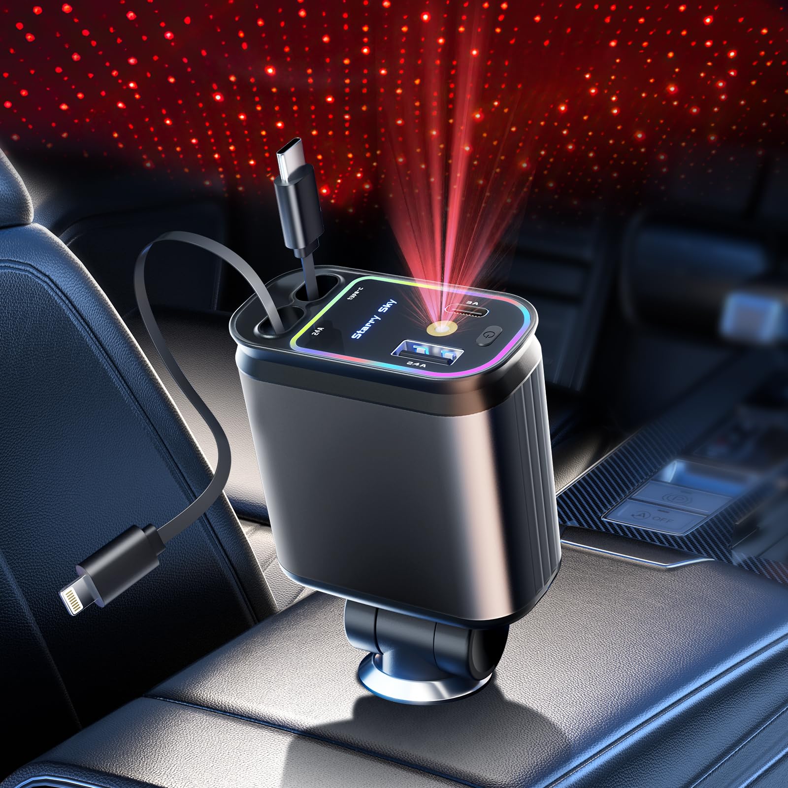 4 in 1 Retractable Car Charger With Starlight Roof Light