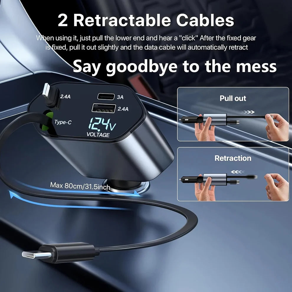 120W 4 in 1 Retractable Car Charger - Fast Charging Adapter with Multiple Cables