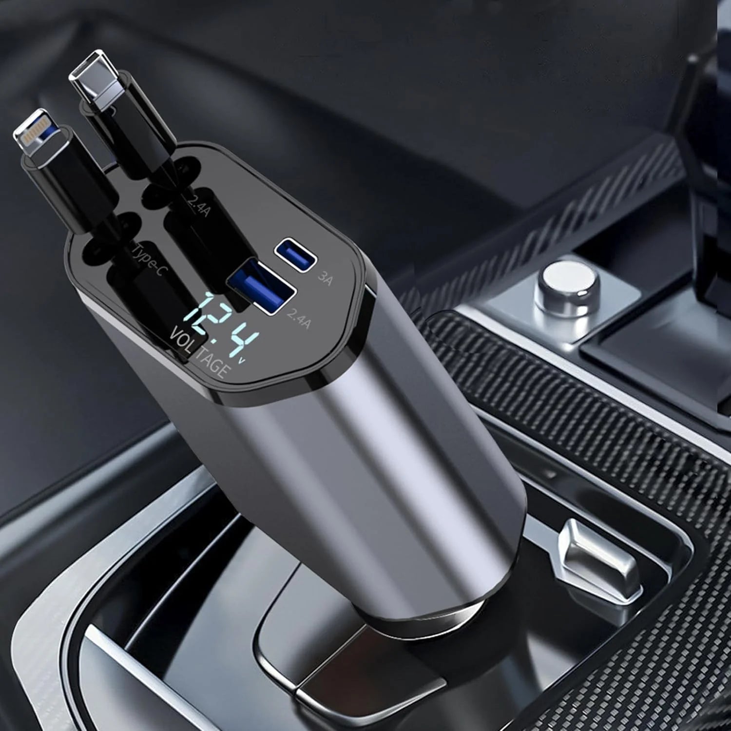 120W 4 in 1 Retractable Car Charger - Fast Charging Adapter with Multiple Cables